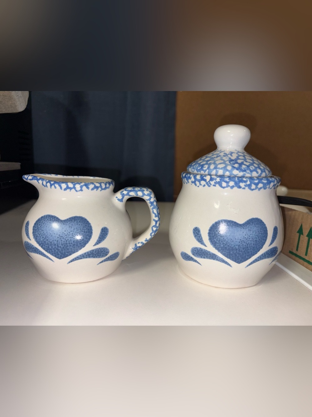 Blue Heart Ceramic Sugar and Creamer Set